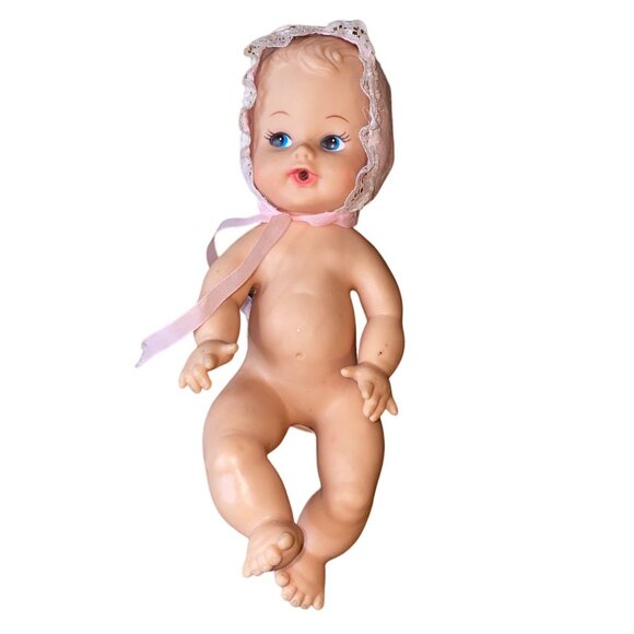 Vintage Baby Doll With Pink Lace Bonnet Blue Eyes & Articulated Limbs - Picture 2 of 12